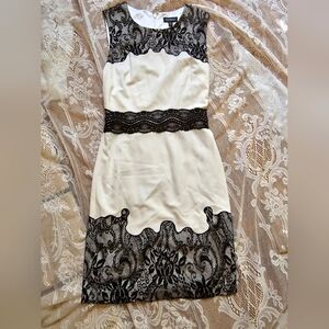 BEBE Cream black lace midi dress size small